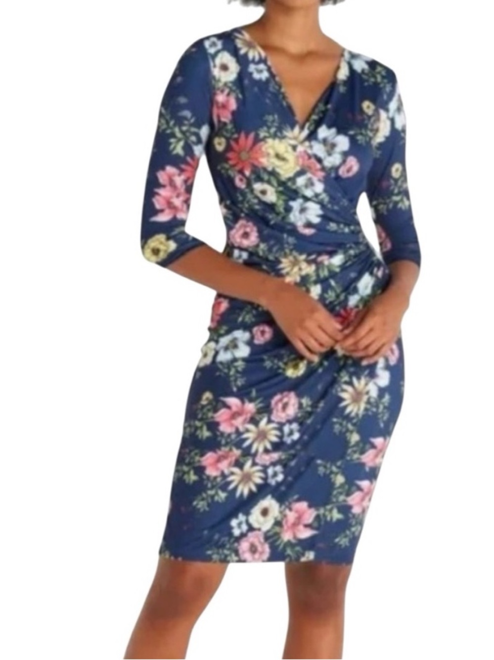 Anatomie Marine Dress Size Medium Navy Blue Floral Wrap Dress V-Neck Cocktail
